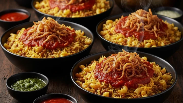 Calculate perfect portions of authentic Koshari. Master Egypt's national dish with rice, lentils, pasta, chickpeas, crispy onions, and spicy tomato sauce!